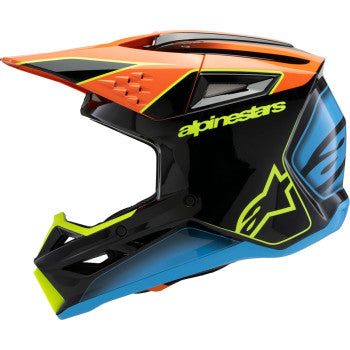 Youth ALPINESTARS SM3 motorcycle helmet in gloss black, orange, and yellow fluo with a secure chin strap and aerodynamic design.