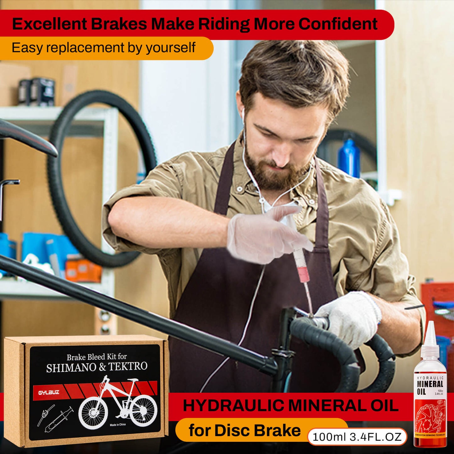 Hycline hydraulic brake mineral oil bleed kit for Shimano, Tektro, TRP bicycle brake systems with syringes and hoses.