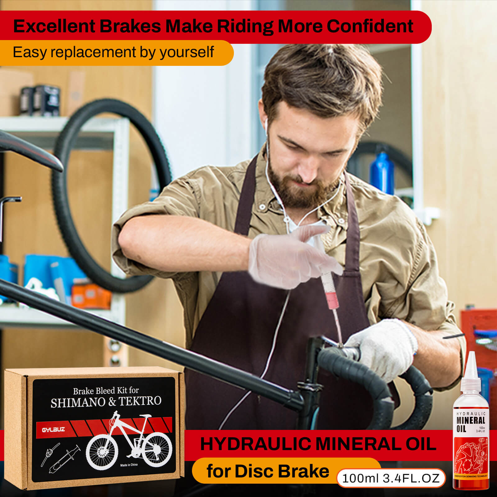 Hycline hydraulic brake mineral oil bleed kit for Shimano, Tektro, TRP bicycle brake systems with syringes and hoses.
