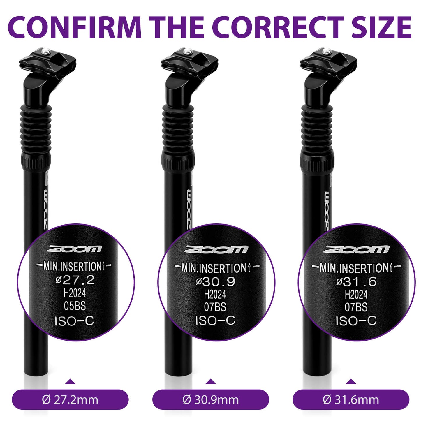 Hycline ZOOM suspension bicycle seatpost in 27.2, 30.9, or 31.6mm diameter, 350mm length, featuring adjustable suspension.