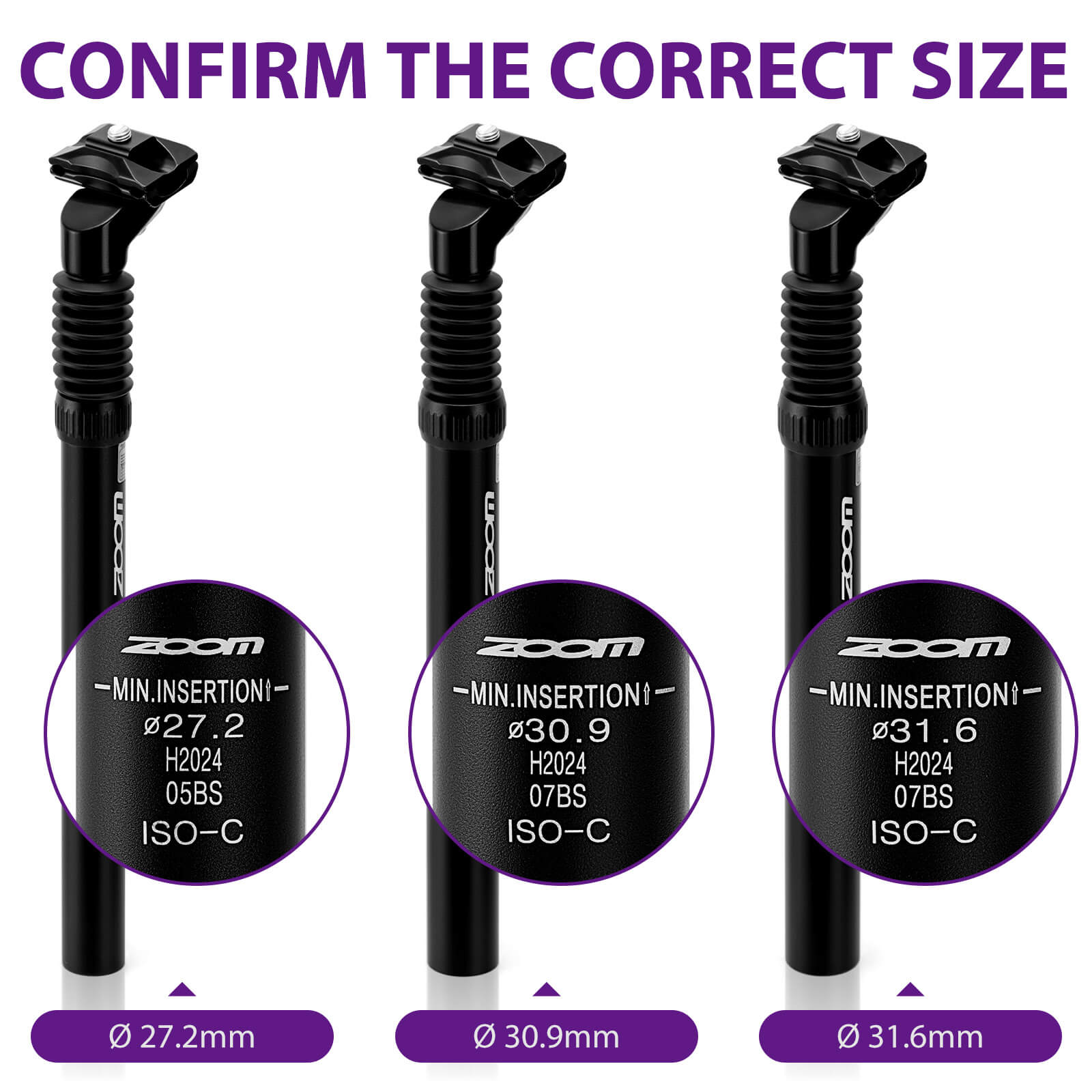 Hycline ZOOM suspension bicycle seatpost in 27.2, 30.9, or 31.6mm diameter, 350mm length, featuring adjustable suspension.