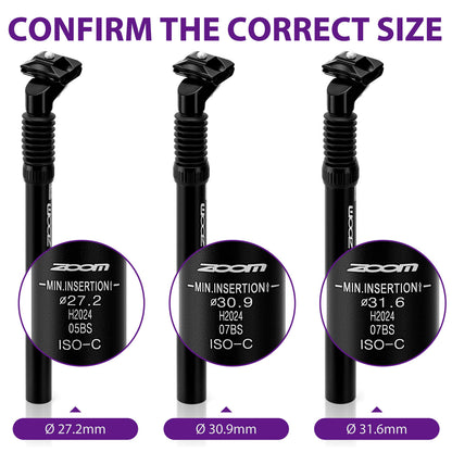 Hycline ZOOM suspension bicycle seatpost in 27.2, 30.9, or 31.6mm diameter, 350mm length, featuring adjustable suspension.