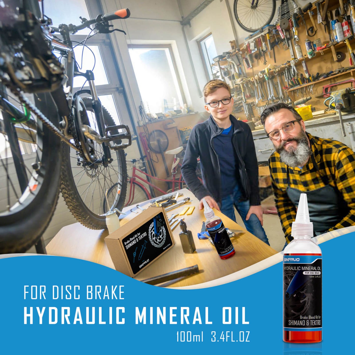 Hycline bike hydraulic brake bleeding kit for Shimano and Tektro bicycle parts, including syringes and brake fluid containers.