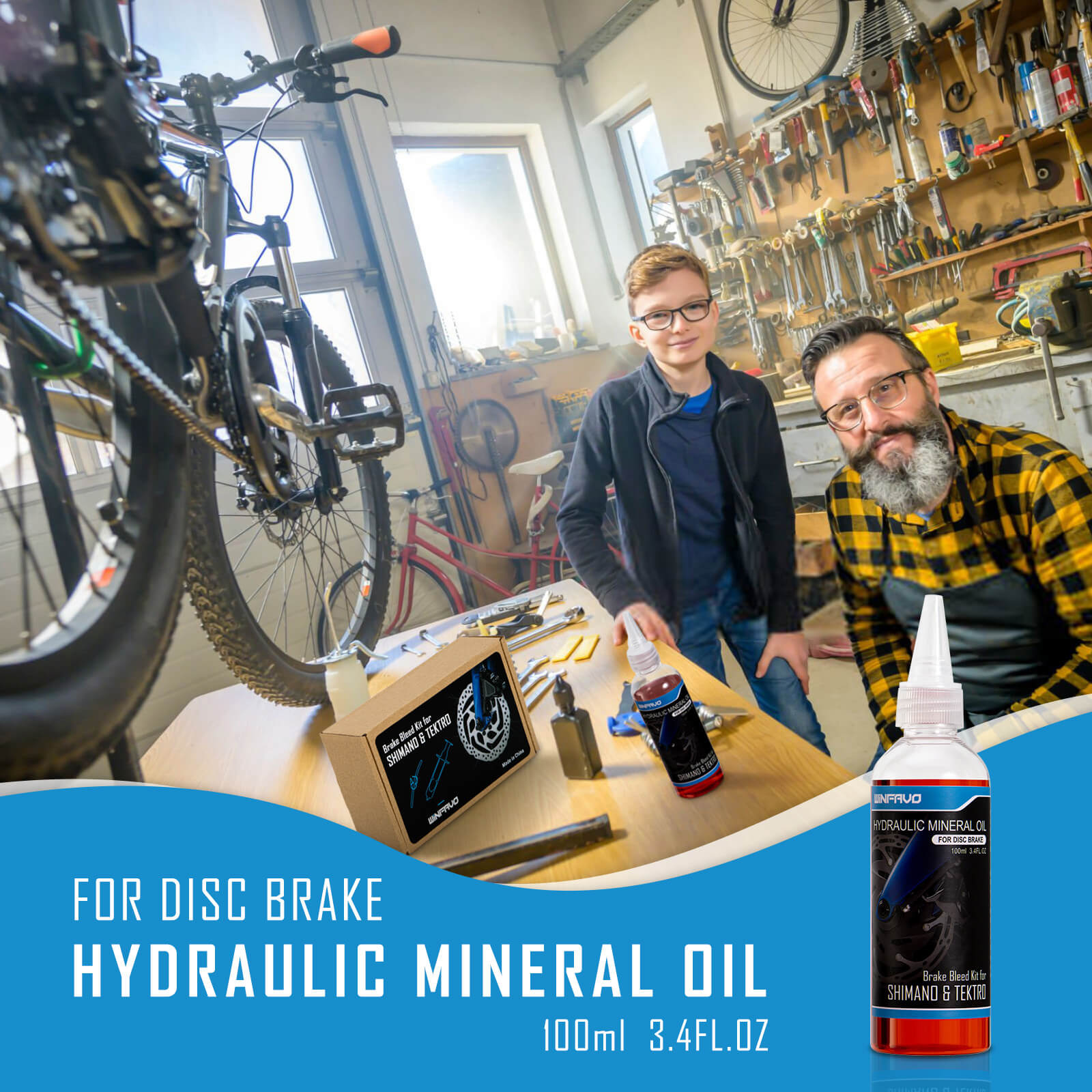 Hycline bike hydraulic brake bleeding kit for Shimano and Tektro bicycle parts, including syringes and brake fluid containers.