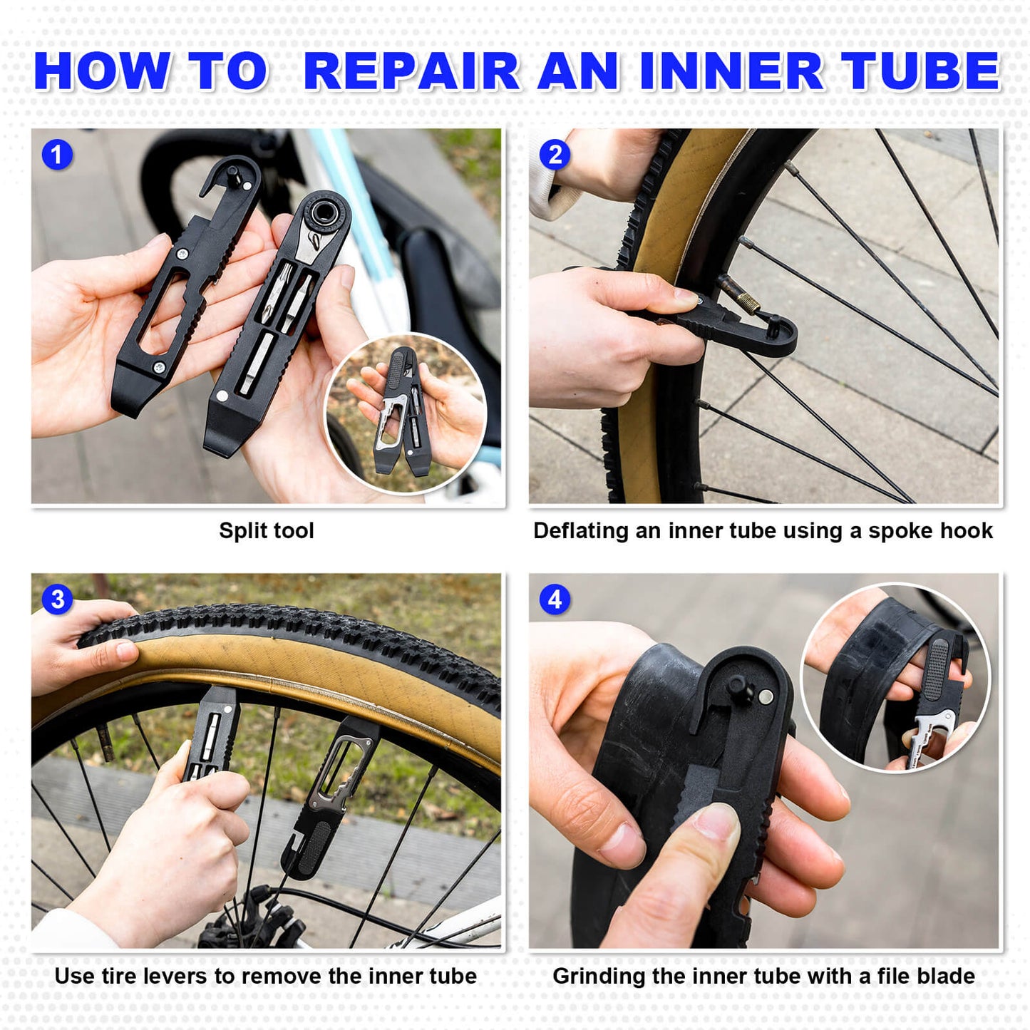 Hycline 14-in-1 bike tire repair kit with wrench, lever, screwdriver, corkscrew, and file blade for bicycle tire maintenance.