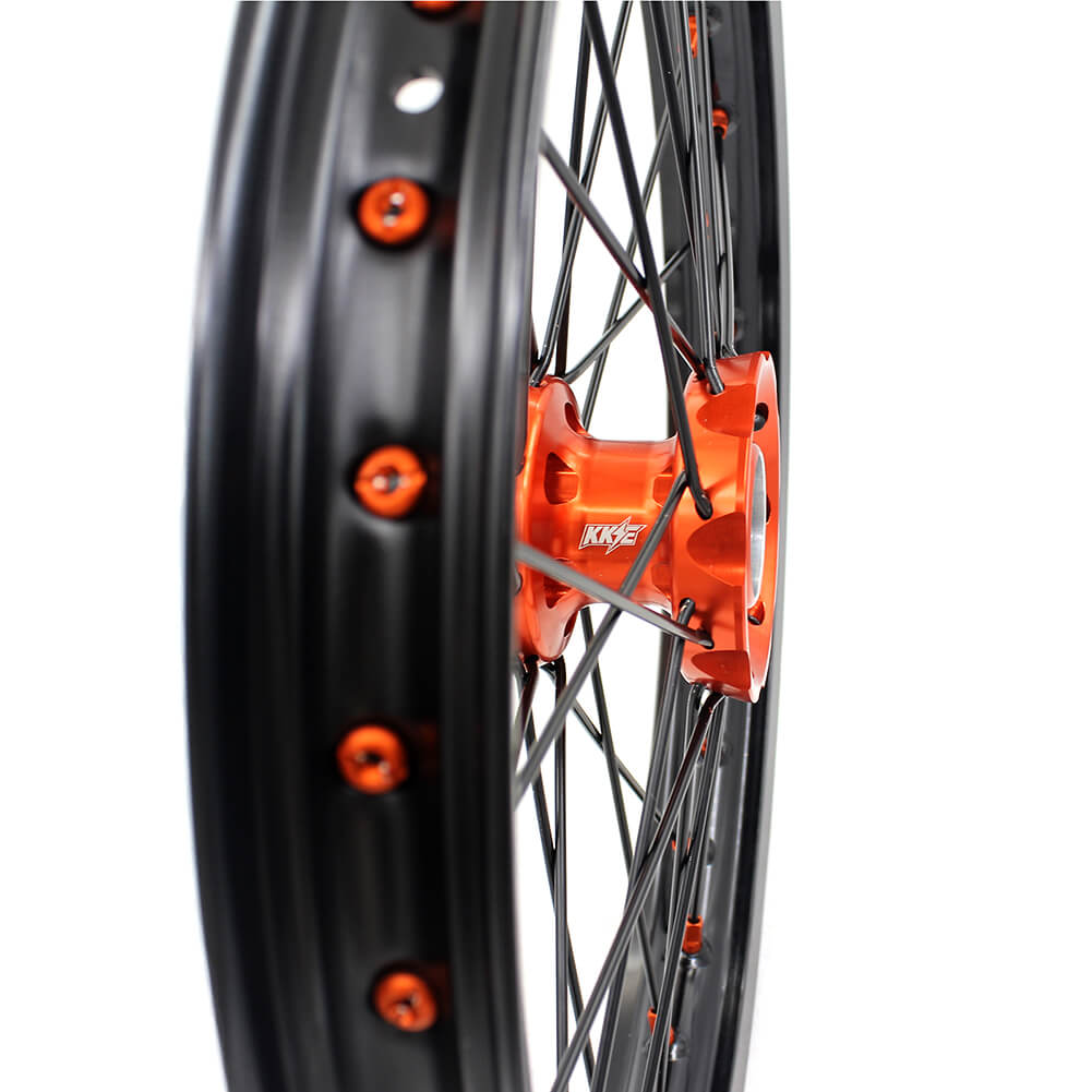 KKE 19"×1.6/16"×1.85 Spoke Kid's Big Wheels Rims Fit KTM SX 85 2003-2020 Orange Nipples & Black Spokes - Howling Moto