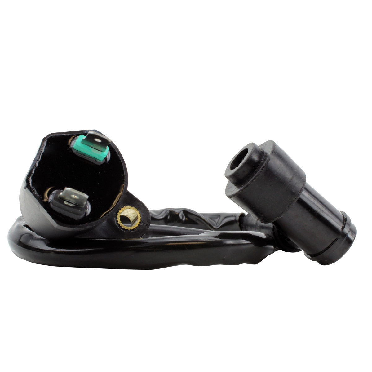 RM STATOR external ignition coil with spark plug cap, black metal coil and attached wire for motorcycle ignition system.