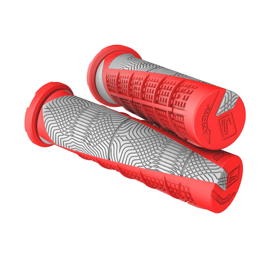 Scott Deuce ATV grips in red and gray with textured rubber surfaces, designed for secure handling and comfort in off-road riding.