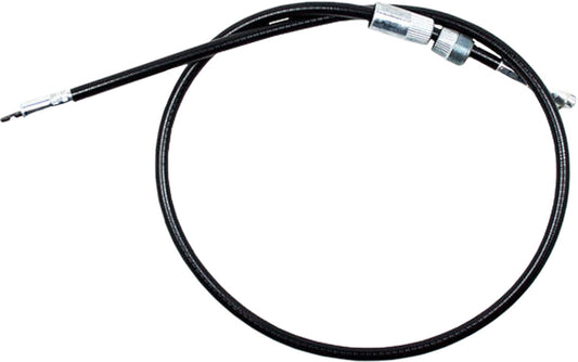 Black vinyl motorcycle speedo cable by MOTION PRO, model 04-0186, with visible metal fittings and flexible design.