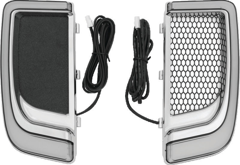 Kuryakyn Tracer LED fairing lower grills with white running lights and amber flash for air-cooled motorcycle models.