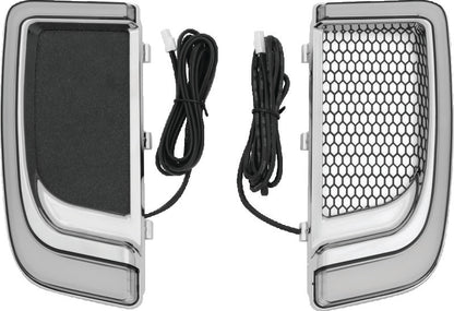Kuryakyn Tracer LED fairing lower grills with white running lights and amber flash for air-cooled motorcycle models.