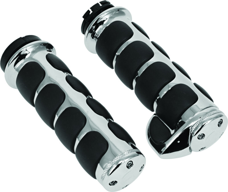 Kuryakyn ISO grips with throttle boss for Harley Davidson, chrome finish, featuring ergonomic rubberized hand grips and dual cable design.