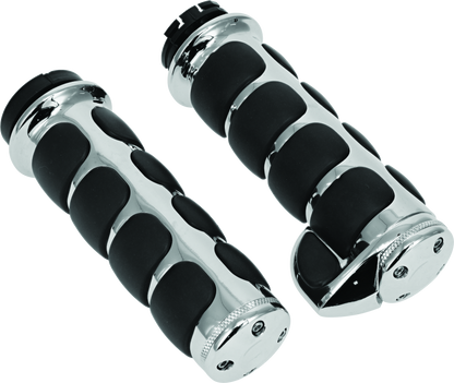 Kuryakyn ISO grips with throttle boss for Harley Davidson, chrome finish, featuring ergonomic rubberized hand grips and dual cable design.