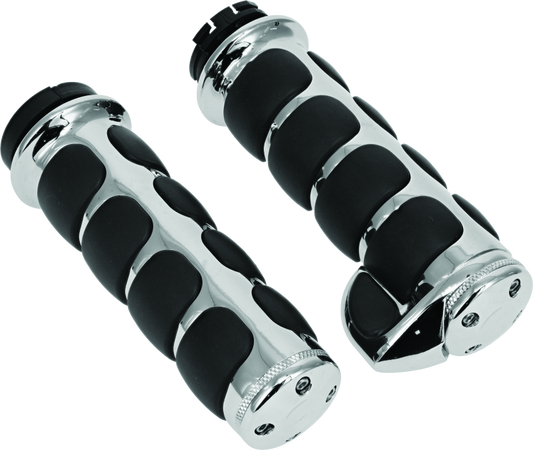 Kuryakyn ISO grips with throttle boss for Harley Davidson, chrome finish, featuring ergonomic rubberized hand grips and dual cable design.