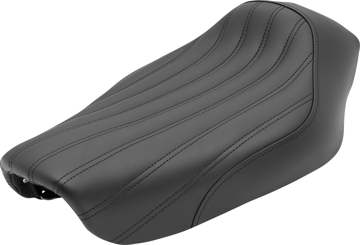 Black SADDLEMEN Knuckle Solo Seat with ribbed design for FXD '04-'05 motorcycles, featuring a sleek, contoured seat shape.