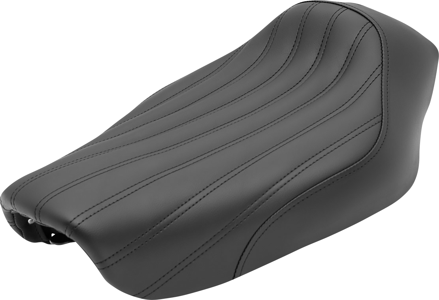 Black SADDLEMEN Knuckle Solo Seat with ribbed design for FXD '04-'05 motorcycles, featuring a sleek, contoured seat shape.