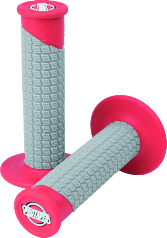 ProTaper Clamp-On Pillow Top Grips in red and gray, designed for motorcycle handlebars, featuring comfortable, textured grips.