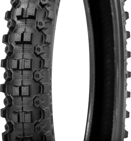 SHINKO 216MX Series front tire, 90/90-21 54R bias TT for extreme offroad and enduro riding, with knobby tread pattern.