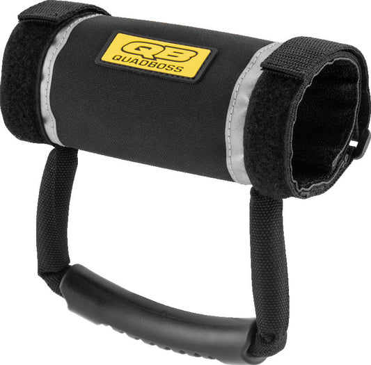 QuadBoss reflective black grab handle for UTVs, part number 156148, shown mounted on side of off-road vehicle.