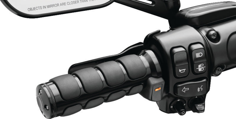 Kuryakyn Heated ISO grips with dual cables in gloss black, designed for motorcycle handlebars, showing textured grip surfaces.