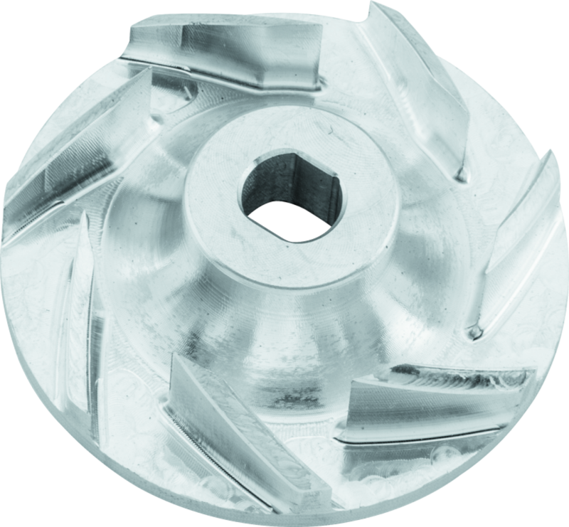 QuadBoss 403275 billet water pump impeller for Can-Am Commander 1000, made of polished billet aluminum, with detailed blades visible.