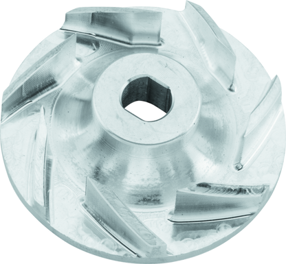 QuadBoss 403275 billet water pump impeller for Can-Am Commander 1000, made of polished billet aluminum, with detailed blades visible.
