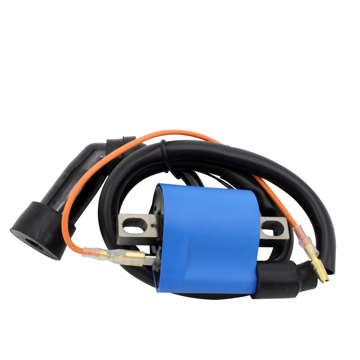 RM STATOR external ignition coil with spark plug cap, used for motorcycle ignition systems, shown in the image.