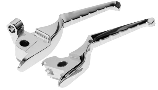 Kuryakyn Enygma Levers for Harley-Davidson Touring bikes, chrome finish, close-up of ergonomic brake and clutch levers.