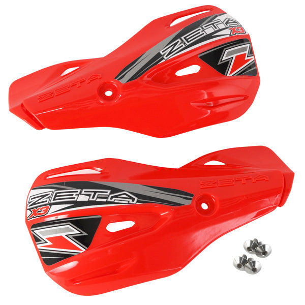 Red ZETA X3 handguard shield with master cylinder guard, designed for off-road motorcycles, showing protective metal components.