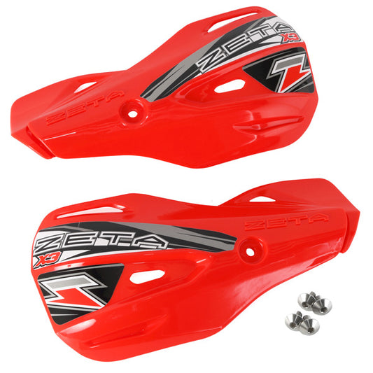 Red ZETA X3 handguard shield with master cylinder guard, designed for off-road motorcycles, showing protective metal components.