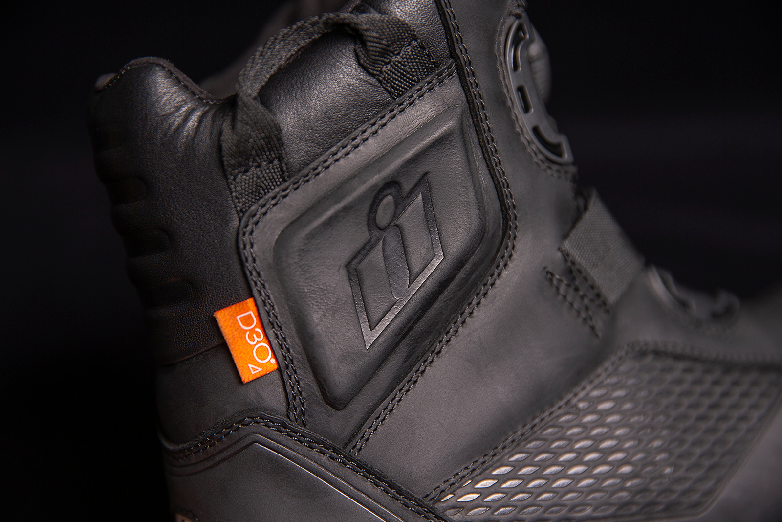 Black ICON Stormhawk Boots by Bill's Exhausts, size 8.5, featuring rugged design and sturdy construction.