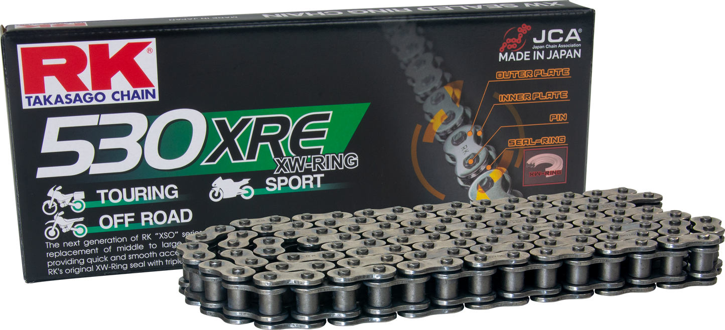 RK EXCEL 530XRE-120 motorcycle drive chain with durable metal links for high-performance bikes and off-road vehicles.