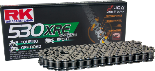 RK EXCEL 530XRE-120 motorcycle drive chain with durable metal links for high-performance bikes and off-road vehicles.