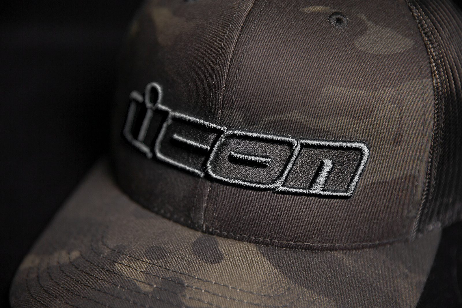 Bill's Exhausts ICON MC Punch™ Black Camo Hat with adjustable strap and embroidered logo, casual headwear for motorcycle enthusiasts.