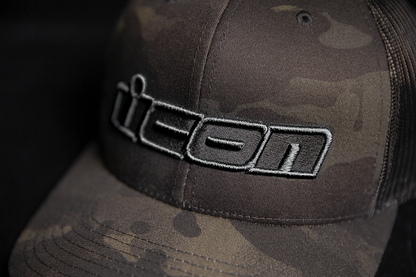 Bill's Exhausts ICON MC Punch™ Black Camo Hat with adjustable strap and embroidered logo, casual headwear for motorcycle enthusiasts.