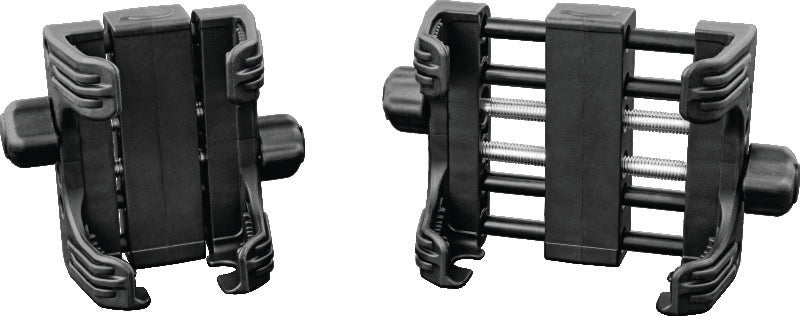 Kuryakyn Tech Connect device holder in black, adjustable for 1-5/8 to 3-5/8 inch widths, mounted on a motorcycle handlebar.