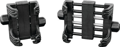Kuryakyn Tech Connect device holder in black, adjustable for 1-5/8 to 3-5/8 inch widths, mounted on a motorcycle handlebar.