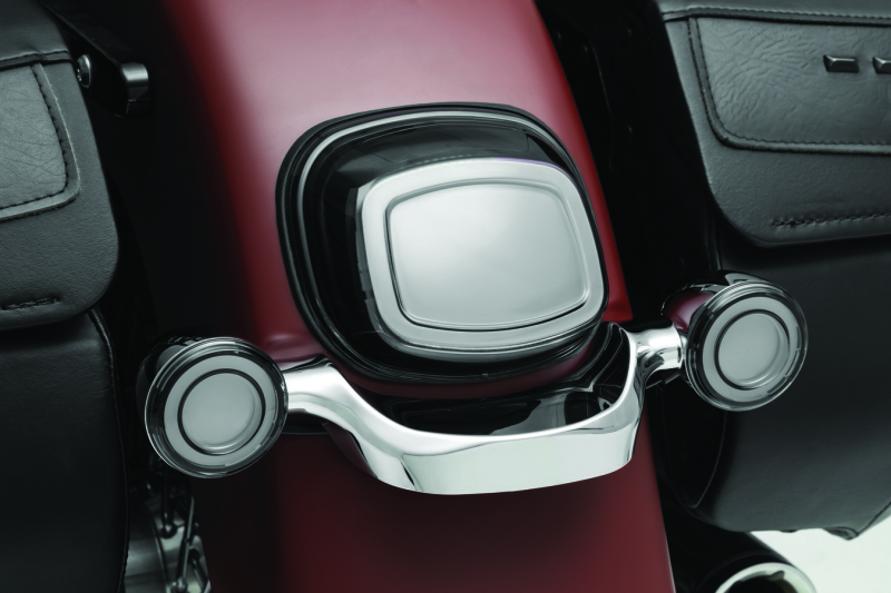 Kuryakyn Tracer LED Taillight with Smoke Lens for Harley Davidson motorcycle, showing sleek black smoke lens and LED lighting details.