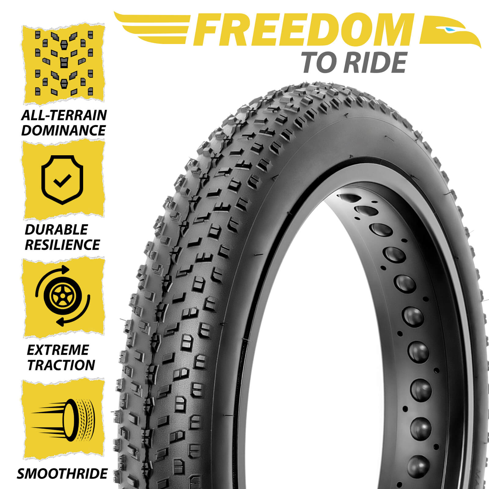 Hycline Raider E-Bike and Fat Bike tire showing rugged tread pattern for off-road riding.