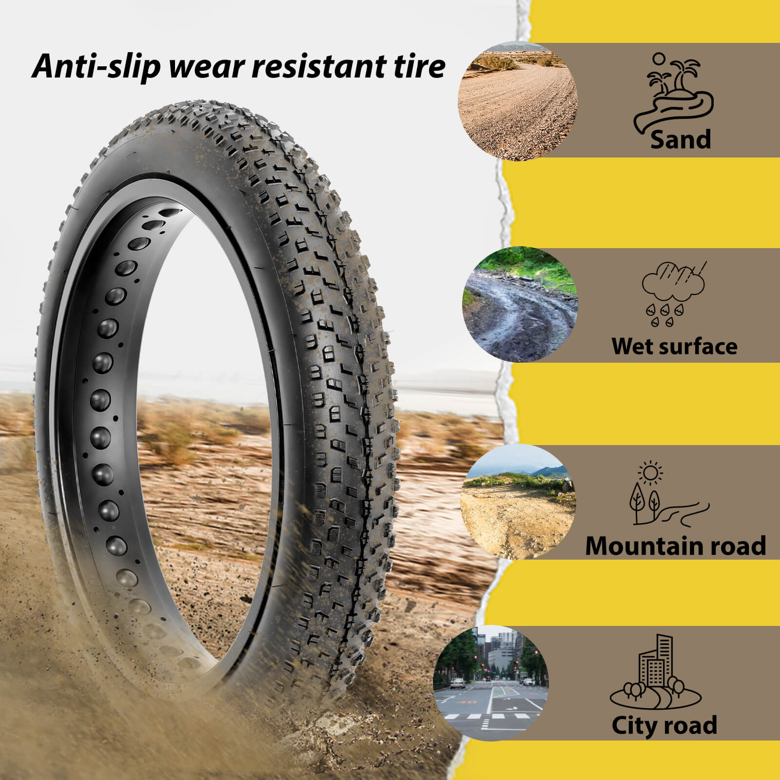 Hycline Raider fat bike and e-bike tire with rugged tread for off-road riding, shown in side view on an outdoor trail.