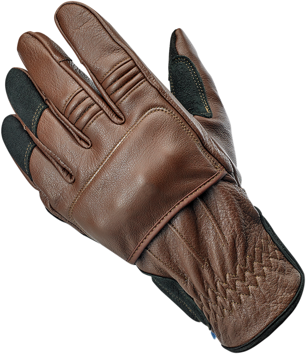 BILTWELL Belden Gloves in chocolate and black, large size, durable leather riding gloves with stitched detailing.