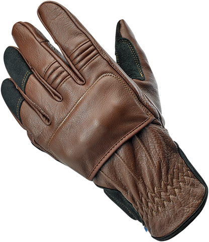 BILTWELL Belden Gloves in chocolate and black, large size, durable leather riding gloves with stitched detailing.