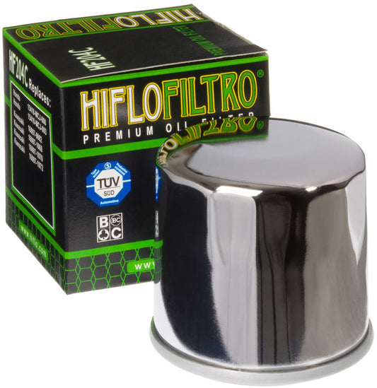 HIFLOFILTRO HF204C chrome motorcycle oil filter with metal canister and branding, designed for efficient engine oil filtration.