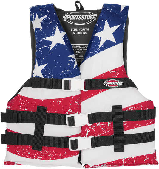 Youth Stars & Stripes PFD vest by AIRHEAD SPORTS GROUP, red, white, and blue water safety life jacket for kids.