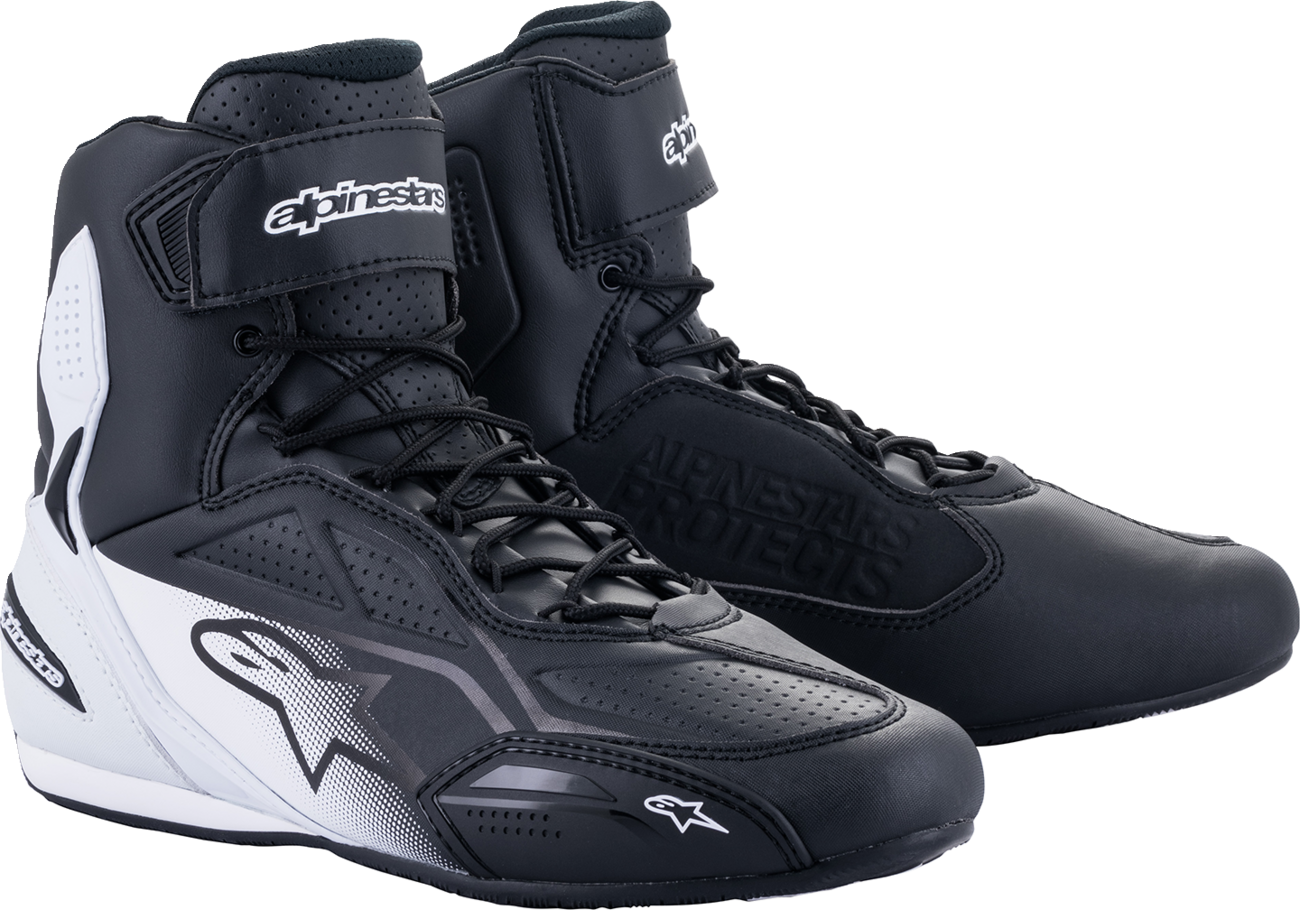 Alpinestars Faster-3 racing shoes in black and white, US size 12, featuring a sleek design and sporty construction.