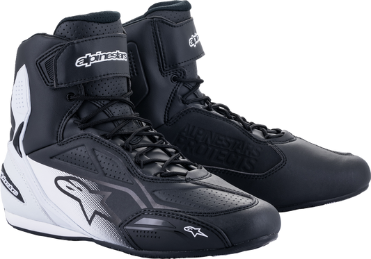 Alpinestars Faster-3 black and white racing shoes, US size 11, with sleek design and reinforced sole for motorsport performance.