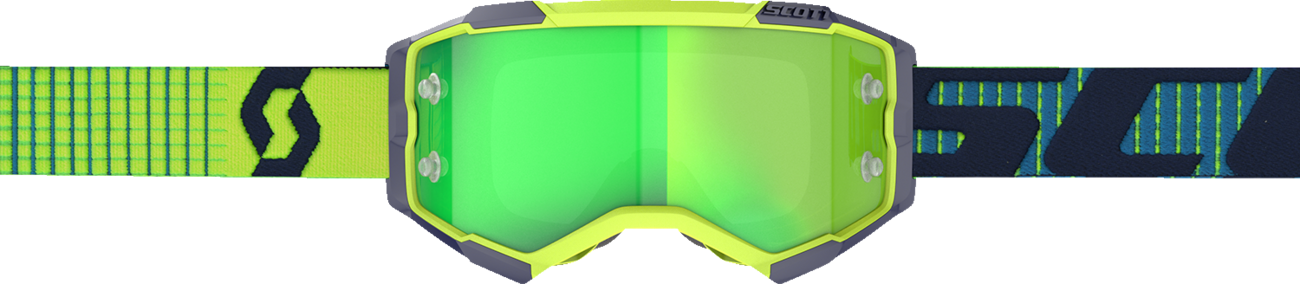 Bill's Exhausts Scott Fury Goggle in blue and yellow with green accents, styled for motorcycle or motocross use.