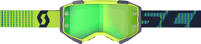 Bill's Exhausts Scott Fury Goggle in blue and yellow with green accents, styled for motorcycle or motocross use.