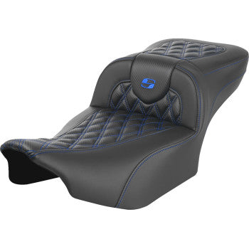 Bill's Exhausts SADDLEMEN Roadsofa™ extended reach motorcycle seat with lattice stitch and blue stitching for FLTR/FLHX 2023-2024.