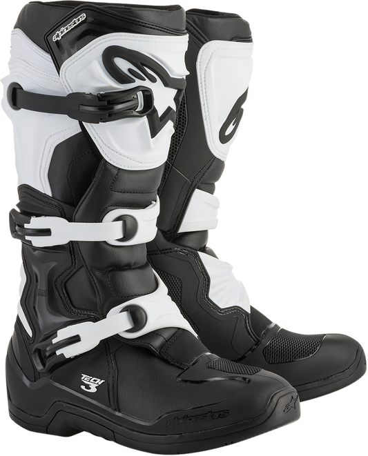 Alpinestars Tech 3 motorcycle boots in black and white, US 9, featuring durable design and protective features for riding.